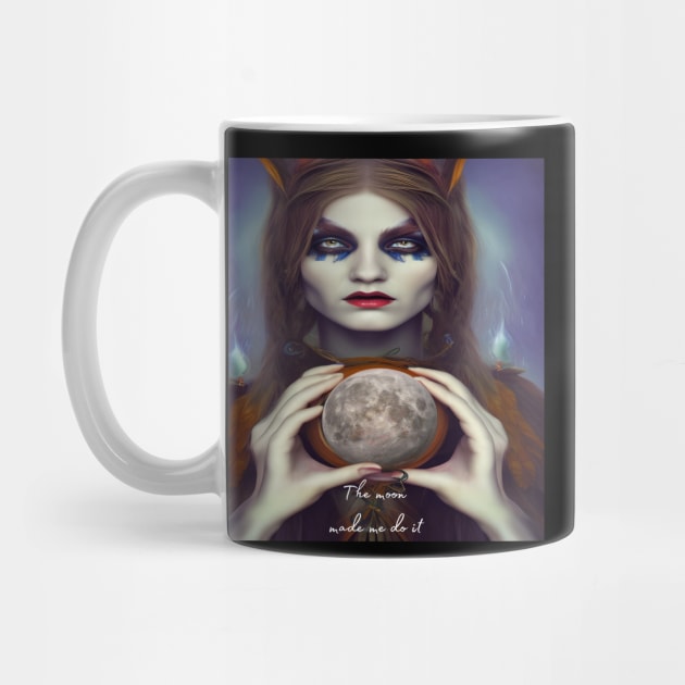 Witch, the moon made me do it. Gift mugs, apparel, t-shirts, shirts by Goodies Galore